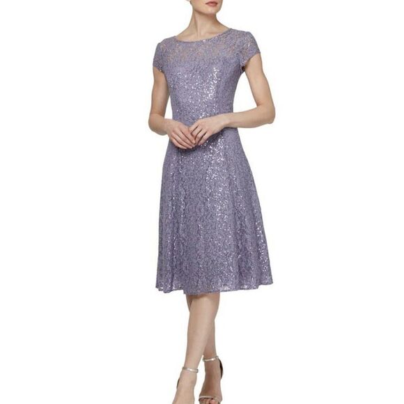 SL FASHIONS Mystic Heather Tea Length Sequin Lace Midi Fit and Flare Dress SZ 10 - Picture 1 of 10